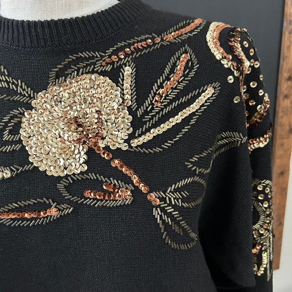 Vintage Christine Gerard Black Sequin Beaded Sweater M 80s Glam Party Dolman - Picture 6 of 11
